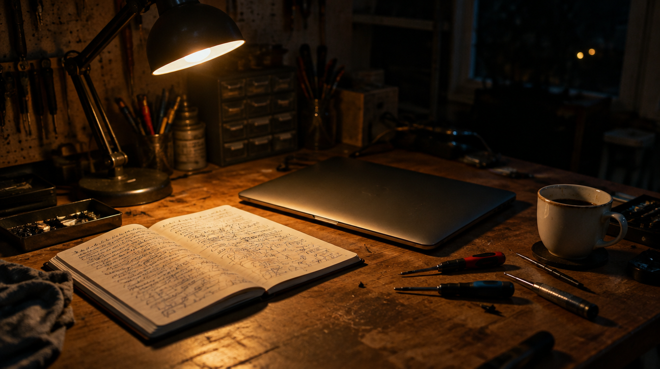 Banco de taller de noche con una MacBook cerrada, un cuaderno y un café frío