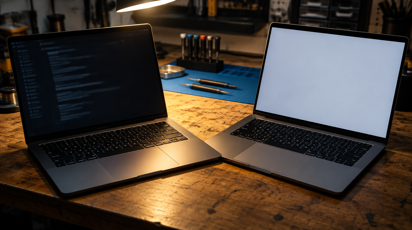 Dos MacBook abiertas lado a lado en el banco del taller, una con el registro del sistema y la otra limpia